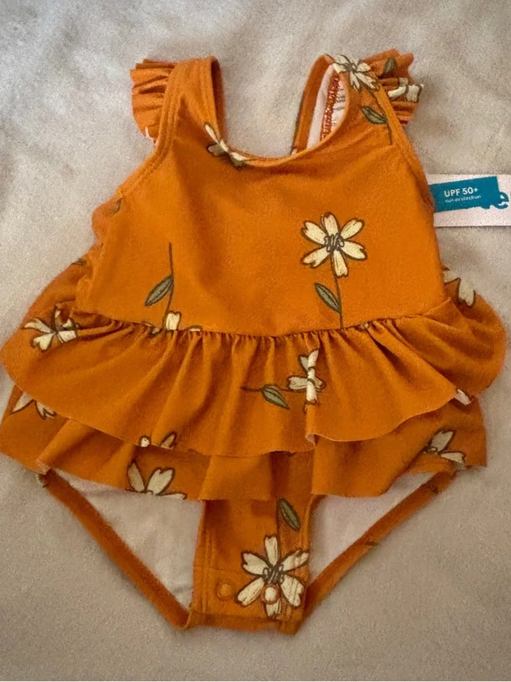 Carter’s NWT Baby Girl Swimsuit 3-6 month Orange Floral Ruffle UPF 50
